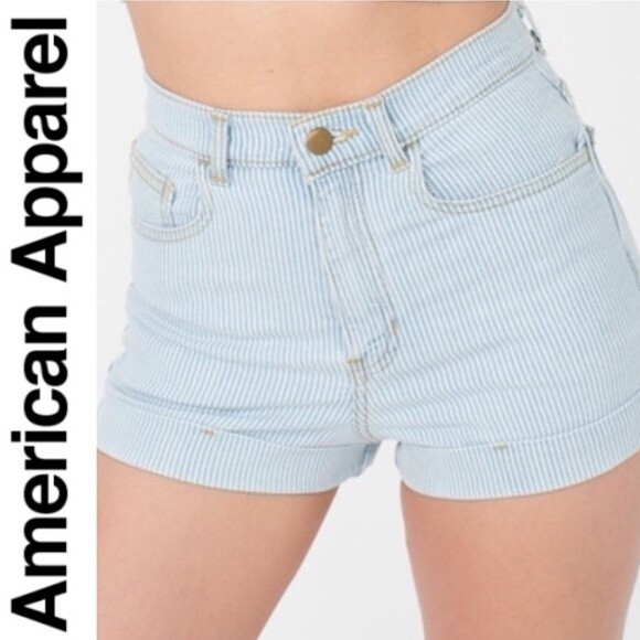 American Apparel High Waisted Striped Denim Jean Shorts Size 24 Light Blue Retro - Picture 2 of 15
